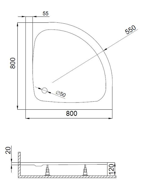 OCEANO Negyedköríves akril zuhanytálca, m lábbal 80x80x12cm EU